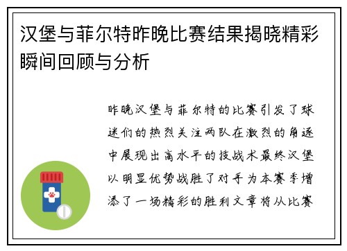 汉堡与菲尔特昨晚比赛结果揭晓精彩瞬间回顾与分析